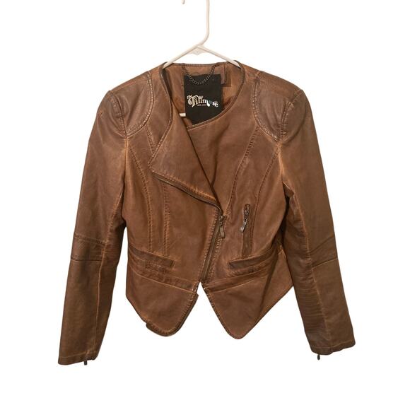 The Fillmore Faux Leather Cropped Biker Jacket- Brown, Size M - Picture 1 of 9